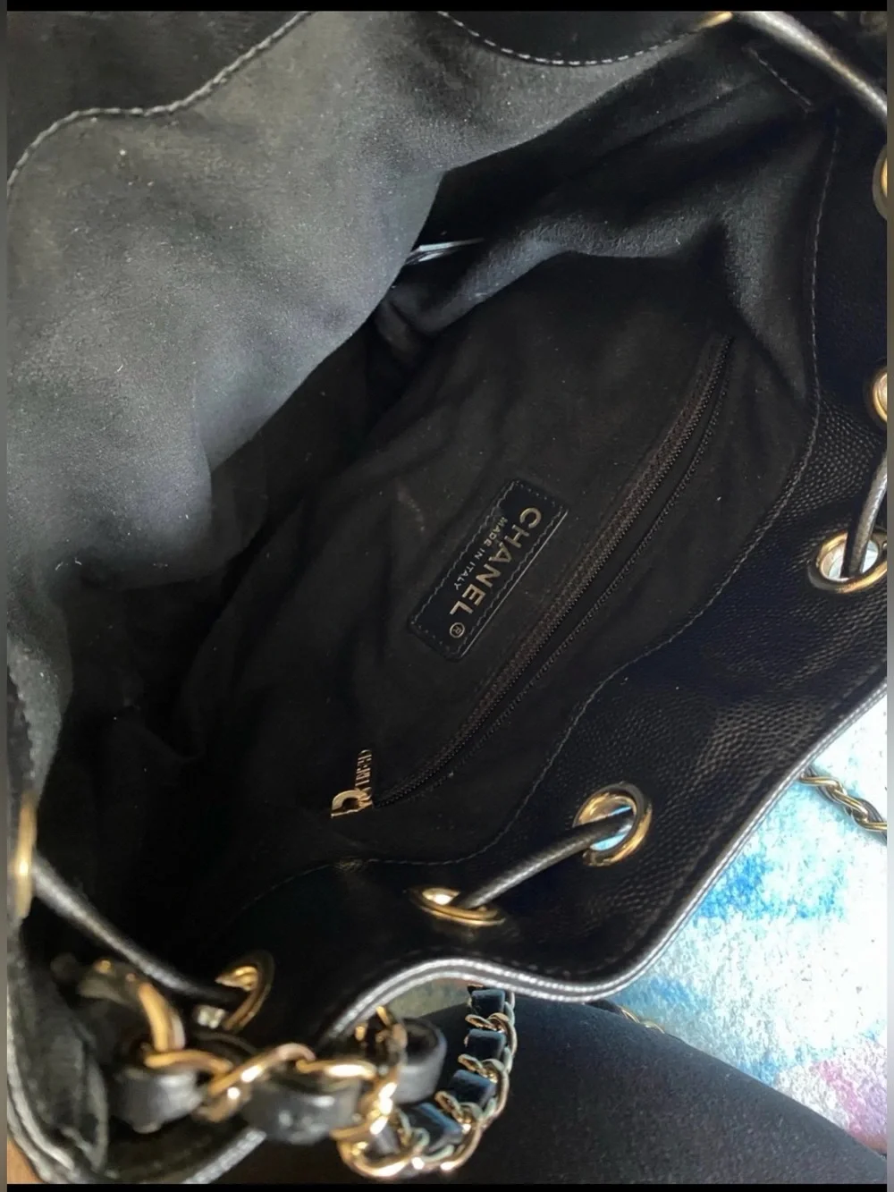 Chanel Bucket Black/gold Caviar Crossbody Studded small Mini CC Flap WOC Worn 1x